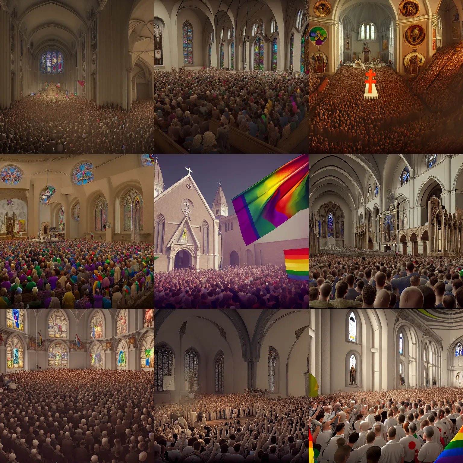 Prompt: LGBTQ group take over the church, Pope surrenders , photography, highly detailed, HD, sharp focus, smooth, octane render, 4k, artstation, dynamic lighting