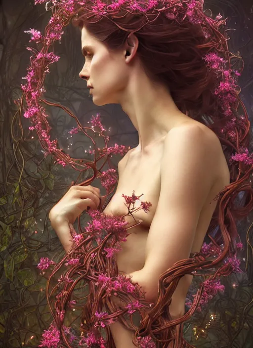 Image similar to beautiful full body portrait of a great fairy, wrapped with vines and flowers, esoteric, d & d, dark surreal fantasy, cinematic lighting, intricate, elegant, highly detailed, digital painting, artstation, concept art, matte, sharp focus, illustration, art by artgerm and tom bagshaw and greg rutkowski and alphonse mucha