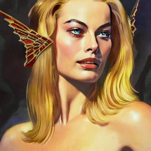 Prompt: ultra realistic portrait painting of margot robbie with beautiful extravagant wings in x - men, art by frank frazetta, 4 k, ultra realistic, highly detailed, epic lighting.