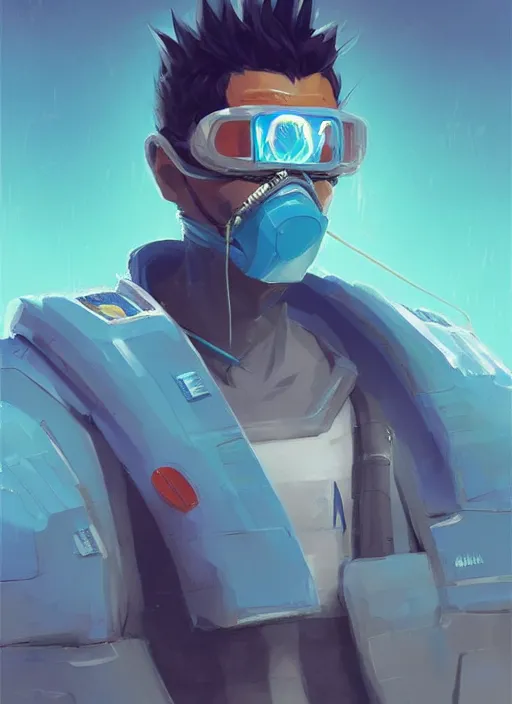 Image similar to concept art close up blue cyberpunk character with a surgical mask, by shinji aramaki, by christopher balaskas, by krenz cushart