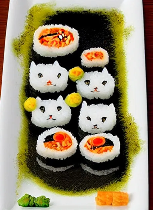 Image similar to clear surrealist painting of adorable cats made from sushi rice, sitting on sushi plates with garnish