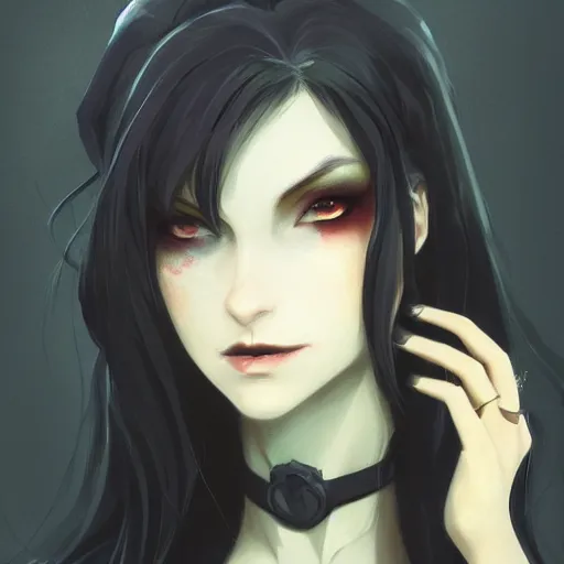 Image similar to female human vampire witch in the style of greg rutkowski, makoto shinkai, trending on artstation, character design, concept art, pretty face, highly detailed, long black hair, portrait, digital art