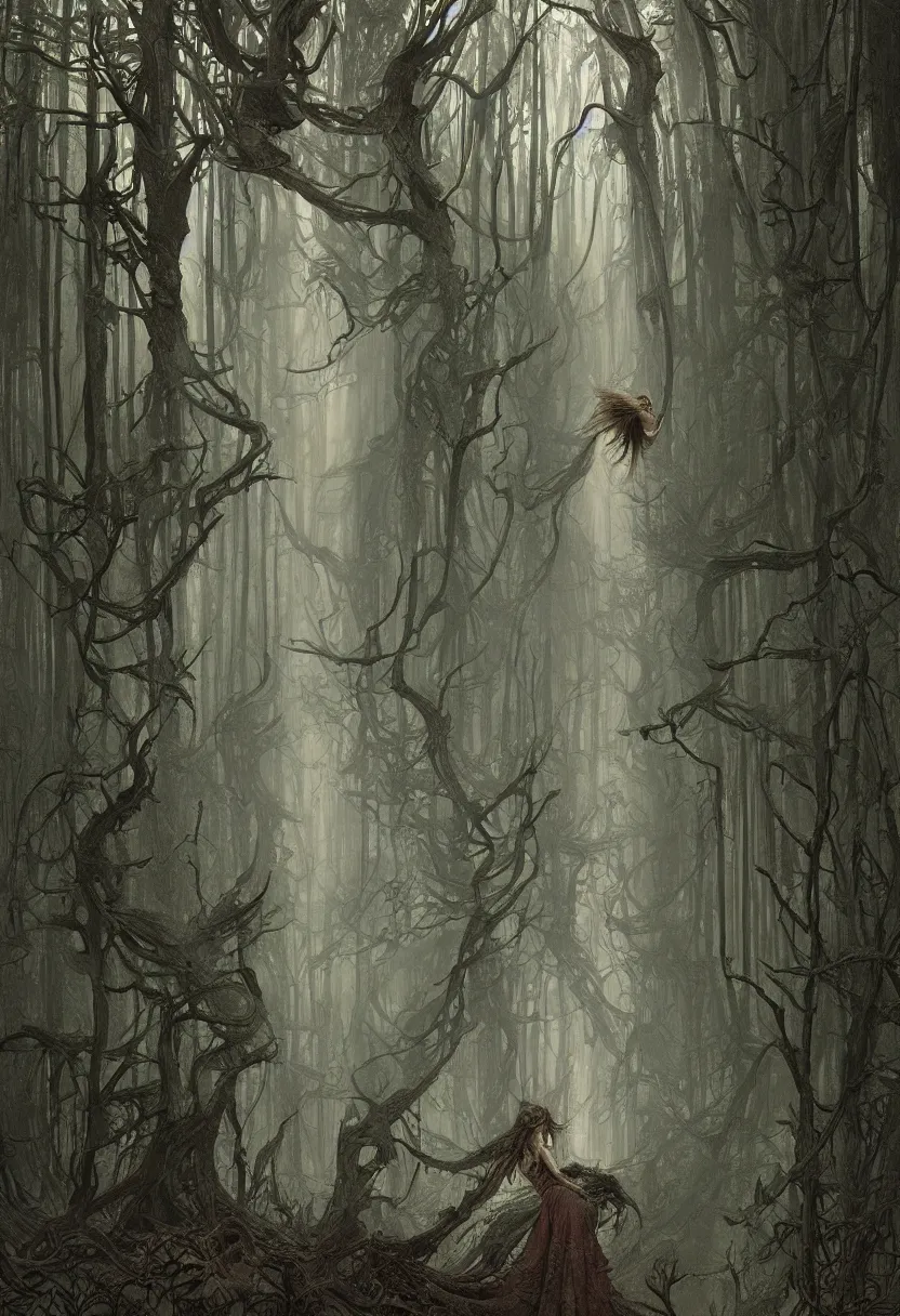 Image similar to a beautiful woman in a spooky forest, by daniel - by greg rutkowski and raymond swanland hr giger and zdzislaw beksinski and alphonse mucha and moebius, matte painting, hyperdetailed, symmetry, art nouveau, beautiful render, concept art