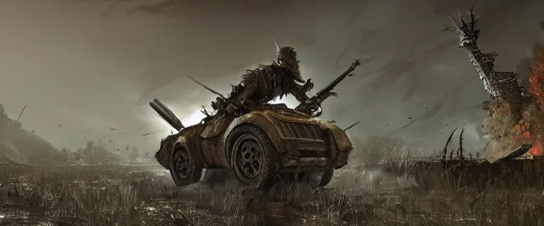 Image similar to Armored and Armed Military Audi 80 B3 Avant (1988) with a mounted M249 with soldiers on, Dark Souls 3, Eldritch Horrors, Wretched and Corrupted Knights, Heavy Battle, Fight, Car vs Knight, gunshots fired, a grim fantasy, Anor Londo, dramatic lighting, cinematic, establishing shot, extremely high detail, photorealistic, cinematic lighting, artstation, by simon stalenhag