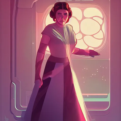 Image similar to Carrie Fisher as Princess Leia, ambient lighting, 4k, alphonse mucha, lois van baarle, ilya kuvshinov, rossdraws, artstation