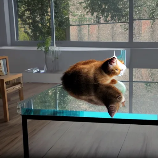 Prompt: A 30 percent full glass of water on a table, 4k, unreal engine cat on table