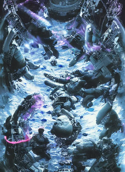 Prompt: astronauts divers in dark void underwater - complex and hyperdetailed technical suit design. reflection and dispersion materials. rays and dispersion of light. volumetric light. f / 3 2. noise film photo. flash photography. ultra realistic, 5 0 mm. poster by wayne barlowe, hajime sorayama aaron horkey, craig mullins