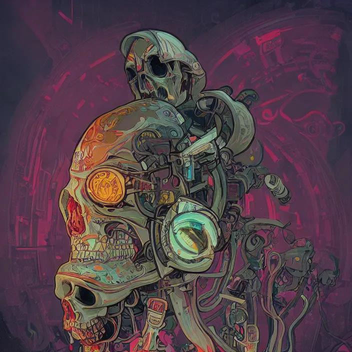 Image similar to a beautiful painting of a cyberpunk skull by simon stalenhag and pascal blanche and alphonse mucha. in style of digital art. colorful comic, film noir, symmetry, hyper detailed. octane render. trending on artstation