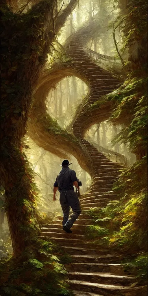 Image similar to a man walking up a steep and winding staircase, in beautiful woods, intricate, elegant, highly detailed, oil painting, artstation, concept art, sharp focus, beautiful illustration, society, by justin gerard and artgerm, 4 k