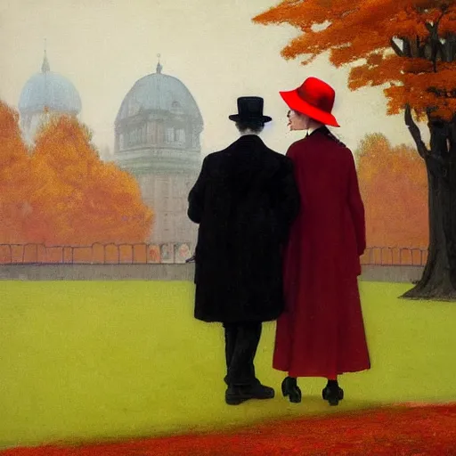 Image similar to a highly detailed epic cinematic concept art, a thin man in a black coat and bowler hat talks with girl who is dressed in a red coat and a red hat, Berlin park, autumn, 1923, in the style of in the style of Francis Bacon and Syd Mead and Norman Rockwell and Beksinski, painted by Francis Bacon and Edward Hopper, painted by James Gilleard, surrealism, airbrush, Ilya Kuvshinov, WLOP, Stanley Artgerm, very coherent, triadic color scheme, art by Takato Yamamoto and James Jean, high detail, width 768
