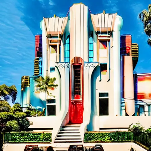 Prompt: vibrant art - deco mansion with a cyberpunk backdrop
