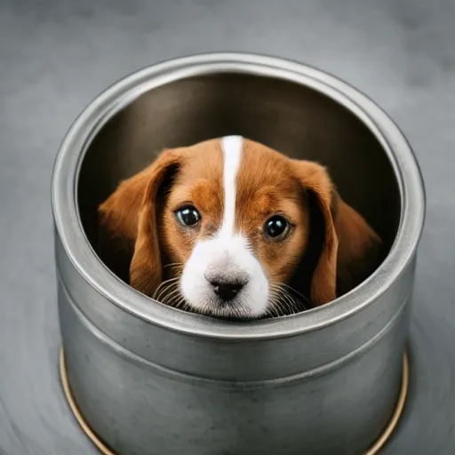 Prompt: puppy sitting in a small metal pot, photography, minimalistic, 8 k