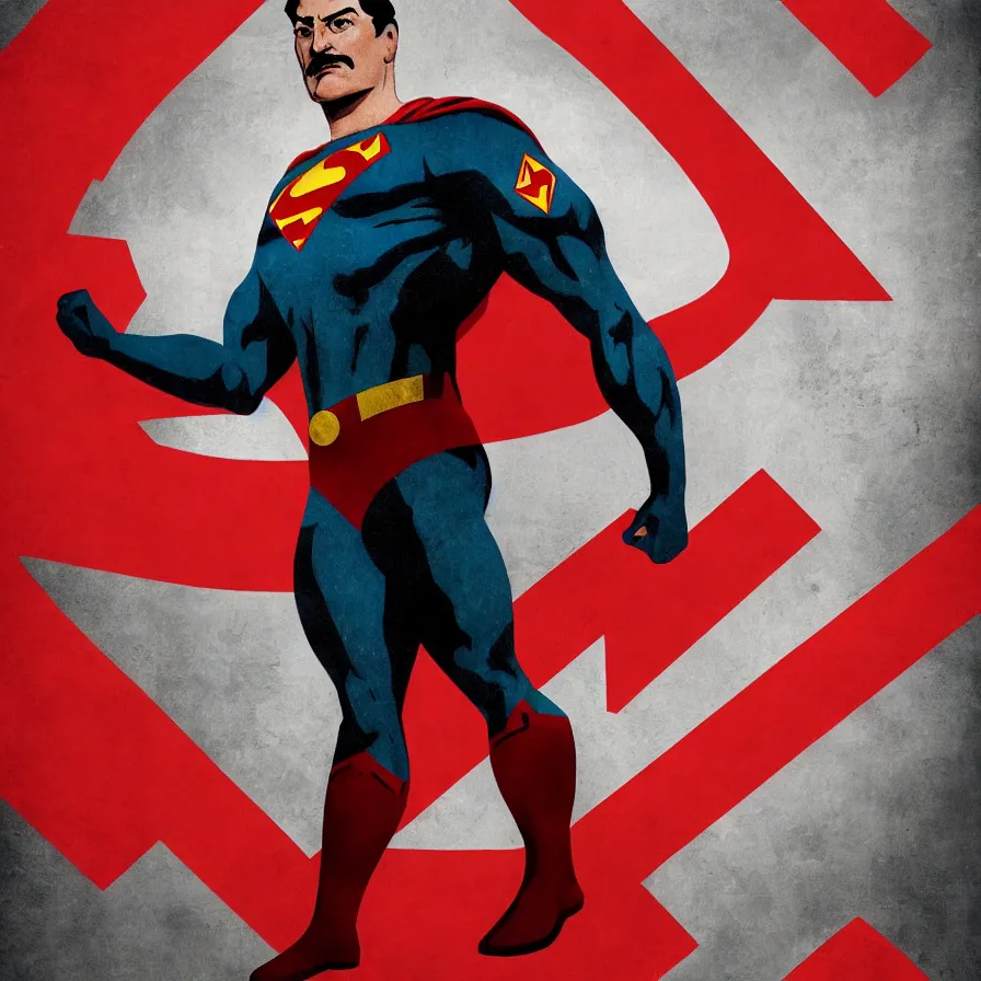 Image similar to stalin as superman, red son, socialist realism, sovietwave aesthetic, hammer and sickles, solitude, groundbreaking, award winning, breathtaking, superb, hyper realistic, detailed picture, intricate digital art, trending artstation, 8 k, unreal 5, octane render, vfx, volumetric lighting, rich moody colors, fan art, concept art