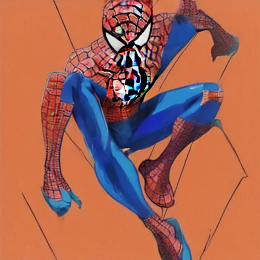 Image similar to Spiderman in orange and turquoise painted by Conrad Roset, detailed brushstrokes