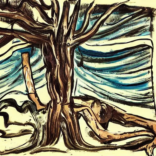 Image similar to The painting shows a man caught in a storm, buffeted by wind and rain. He clings to a tree for support, but the tree is bent nearly double by the force of the storm. The man's clothing is soaked through and his hair is plastered to his head. His face is contorted with fear and effort. Mediterranean by Bernard Buffet earthy