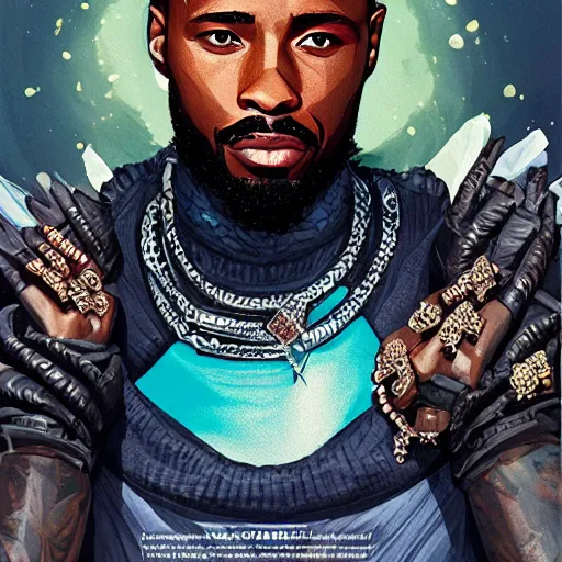 Prompt: a matte painting of killmonger, drip, diamonds shining, diamond jewelry, clean, stylish, diamond grill by sachin teng