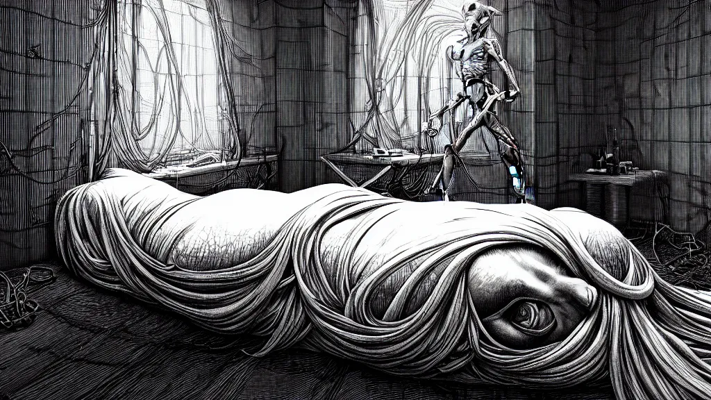 Image similar to comfortable bed that makes me want to sleep, hyperdetailed, artstation, cgsociety, nightmare fuel, style of Giger, H. R. GIGER, style of Junji Ito, 4K, highly detailed, minimalistic, minimalistic, minimalistic, fine tuned, machina