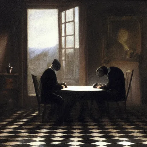 Image similar to covert shadow figures of men in a dark room with a chequered floor conversing around a table in secrecy, moody and atmospheric, dramatic scene, dimly lit room, cgsociety, 8k resolution, trending on artstation, octane render by Quint Buchholz, Pieter Claesz and edward hopper