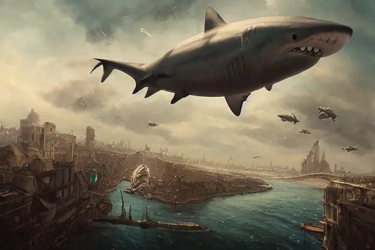 Image similar to a SHARK blimp, steampunk, digital art, extremely detailed, flying over a city, greg rutkowski, cinematic