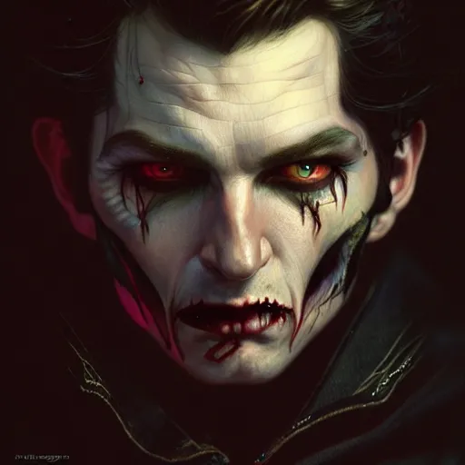 Image similar to portrait painting of joseph quinn eddie munson as a vampire, ultra realistic, concept art, intricate details, eerie, highly detailed, photorealistic, octane render, 8 k, unreal engine. art by artgerm and greg rutkowski and charlie bowater and magali villeneuve and alphonse mucha