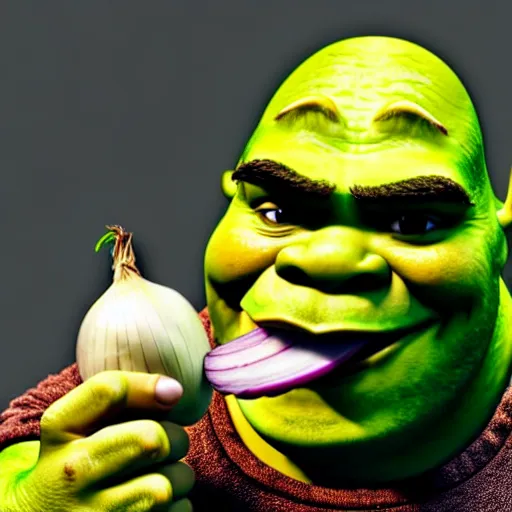 Image similar to a stock photo of shrek eating an onion, 8 k, ultra - realistic, white background, face cluse - up, studio lighting