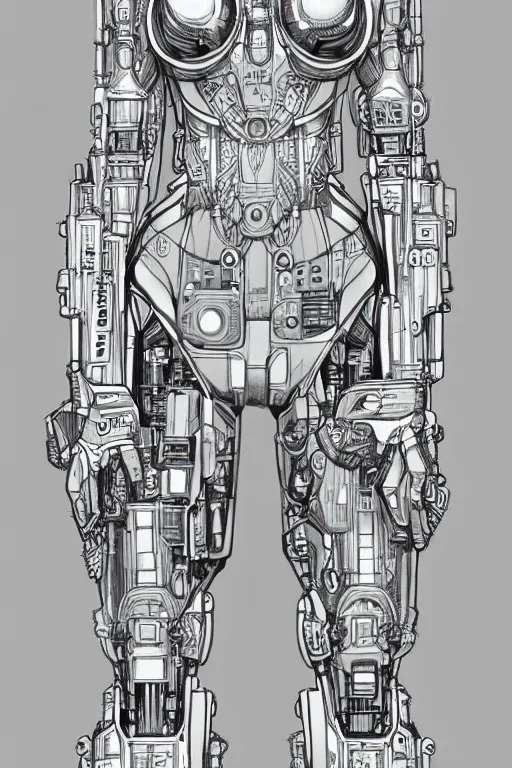 Image similar to full body illustration female cyborg, very symmetrical!! highly detailed, sumi - e art, suiboku - ga ink, by kim jisu, pen and ink monochrome, mecha, deviantart, artstation, pinterest