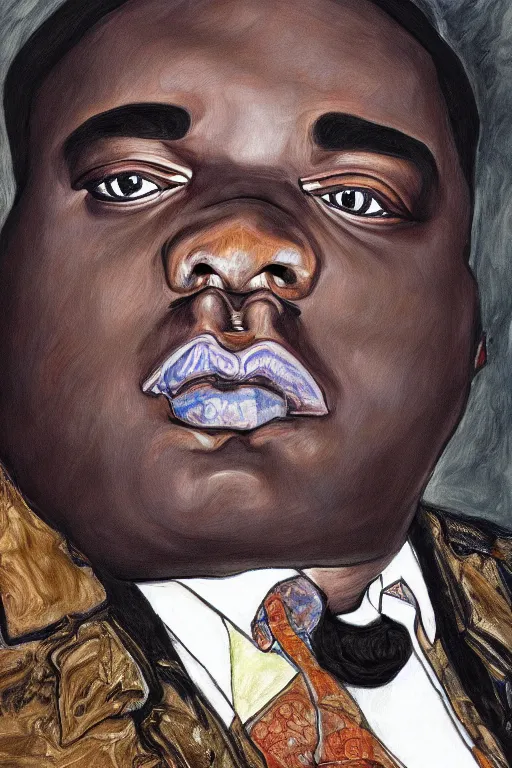 Prompt: a portrait of biggie smalls in style of rudy gutierrez and egon schiele, masterpiece, hyperdetailed, complex, intricate, 4 k, trending on artstation