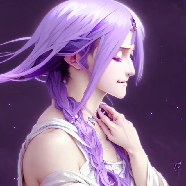 Image similar to anime girl with flowing lavender hair, purple eyes and white dress, black jewellery, profile photo, digital artwork, very beautiful face, pretty smile, extremely detailed art by greg rutkowski and alphonse mucha