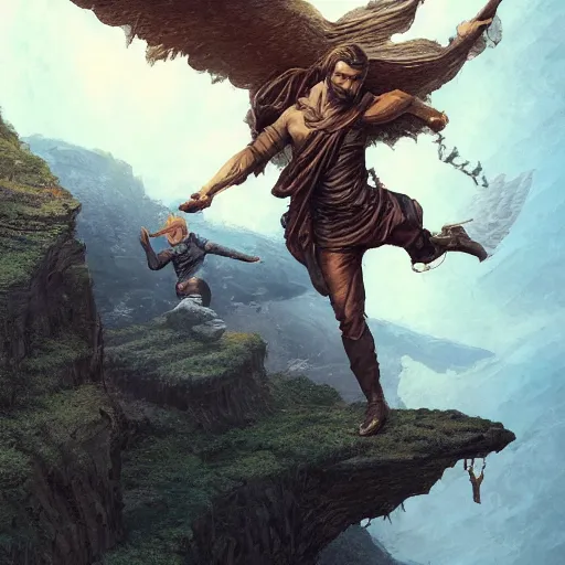 Image similar to angel protecting man falling from a cliff, detailed intricate ink illustration, happy atmosphere, detailed illustration, hd, 4k, digital art, overdetailed art, by greg rutkowski, by loish, complementing colors, Trending on artstation, movie poster style