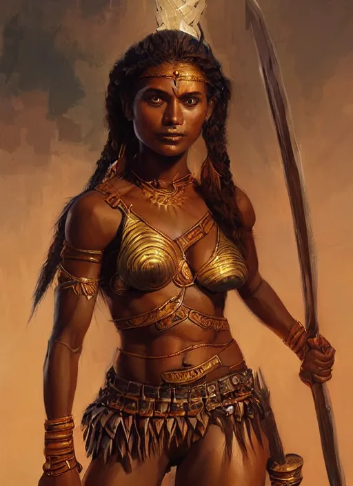 Prompt: highly detailed painting of a warrior goddess maldivian, tan skin, blue - eyes, high fantasy, dungeons and dragons art by jon foster trending on artstation painted by greg rutkowski, painted by stanley artgerm