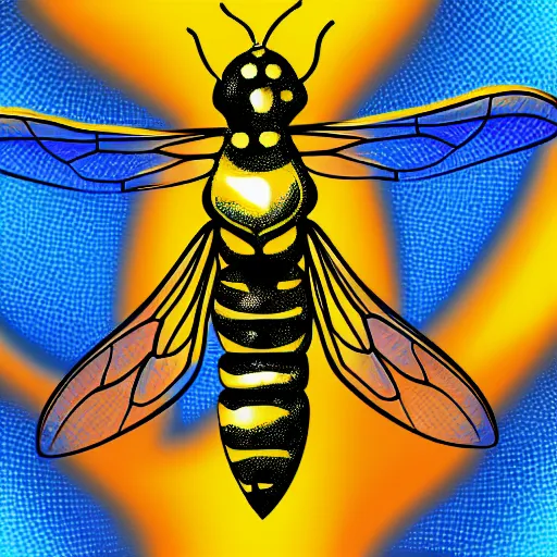 Image similar to man that resembles a wasp morh in surreal sketch style, blue and yellow gradient, noise, ultrafine detail, hd 8k, logo illustration