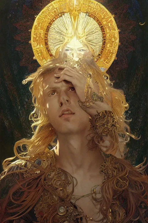 Image similar to young male god of sun, gold hair, gold eyes, tanned skin, fantasy, intricate, highly detailed, digital painting, artstation, concept art, smooth, sharp focus, art by art by Artem Demura and Alphonse Mucha, ArtGerm, valentina remenar, ruan jia