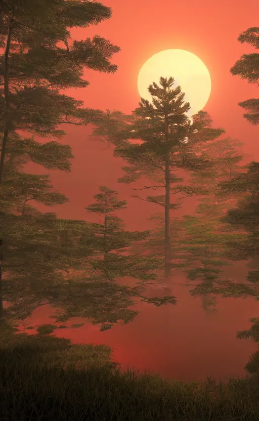 Prompt: made in unreal engine, a huge japanese crane bird is chilling above a lake in the middle of a forest of japanese pines, a big red sun in the background, front game card, realistic rendering, high details, trending on artstation, 8k, stunning, volumetric lights