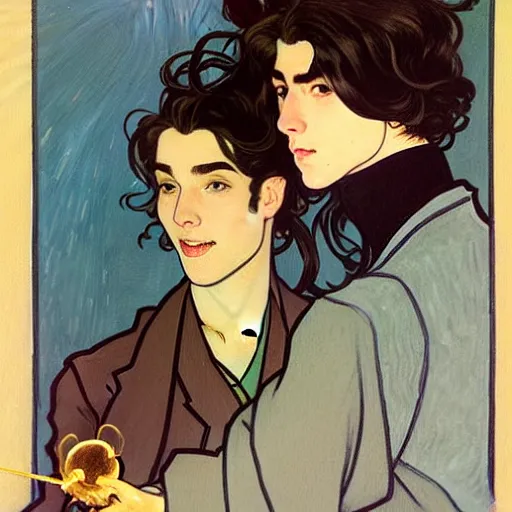 Image similar to painting of young cute handsome beautiful dark medium wavy hair man in his 2 0 s named shadow taehyung and cute handsome beautiful min - jun together at the halloween! party, bubbling cauldron!, candles!, smoke, autumn! colors, elegant, wearing suits!, clothes!, delicate facial features, art by alphonse mucha, vincent van gogh, egon schiele