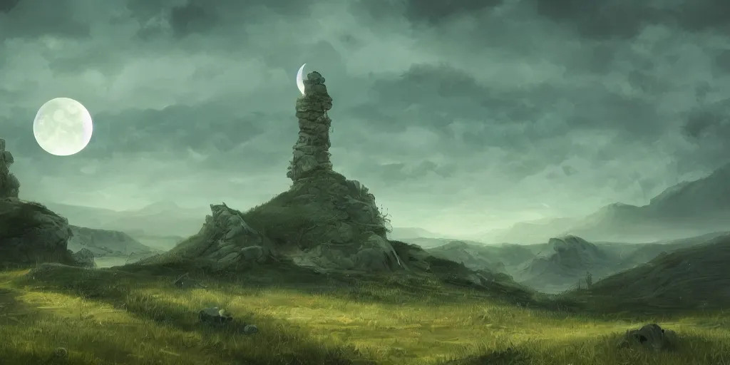 Image similar to The great marble wizards tower, painted landscape,green fields in the background, moody lighting, moon in the night sky, artstation, digital art