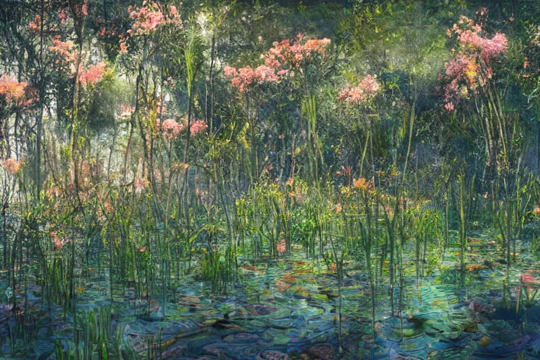 Image similar to hyperrealism, scene from starship, louisiana swamps, orange blooming flowers garden, true detective, 8 k, 8 0 s japanese sci - fi books art