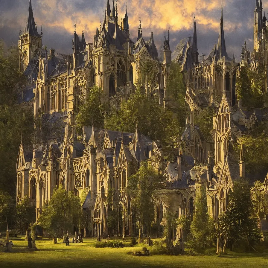 Image similar to a tudor style village in the shadows of an enormous Gothic Revival architecture castle in a lovely meadow at dusk, art nouveau matte painting, highly detailed