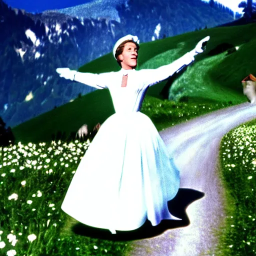 Image similar to julie andrews in a white cat costume, austria, film still, sound of music, 4 k, 8 k