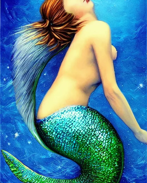 Image similar to “ a beautiful hyper realistic painting of a mermaid with a beautiful sparkling blue tail ”