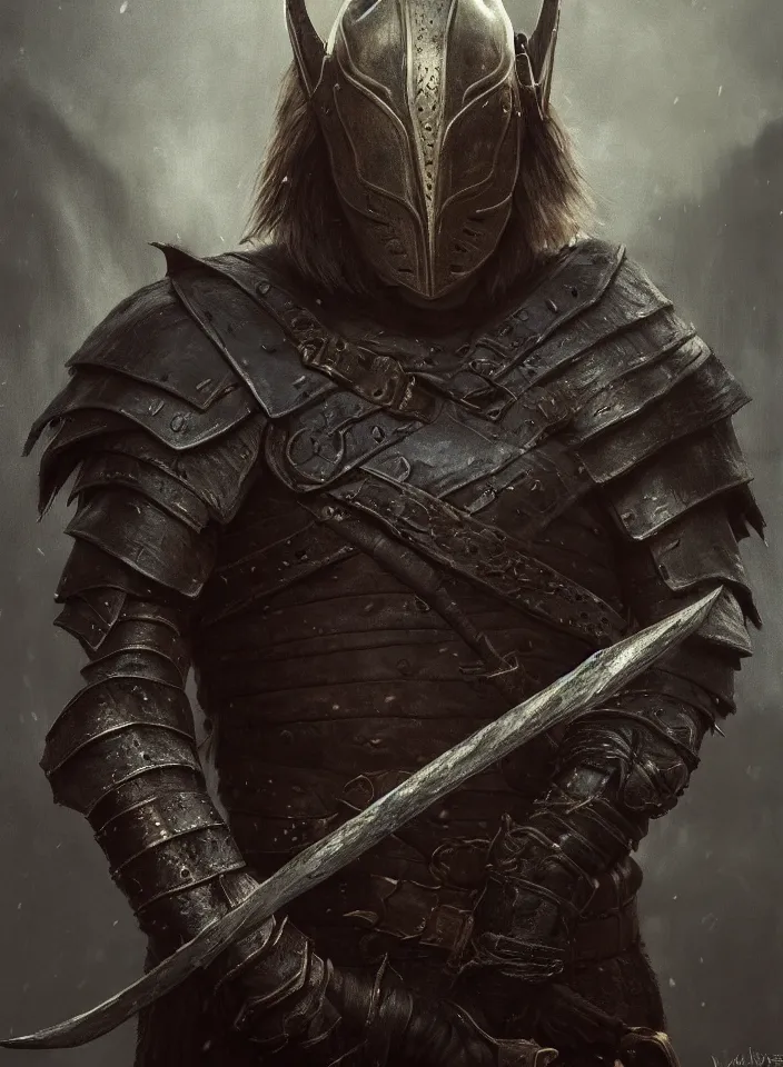 Image similar to a portrait of an nord warrior wearing leather armor from skyrim, fantasy setting, dark environment, serene colors, soft lighting, atmospheric, cinematic, moody, in the style of diego koi, gina heyer, luiz escanuela, art by alyssa monk, hyperrealism, rule of thirds, golden ratio, oil on canvas, 8 k