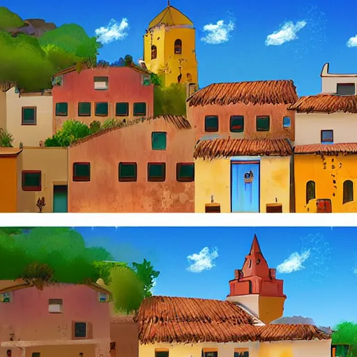 Prompt: A Spanish village. 2D videogame concept art.