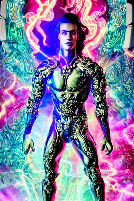 Image similar to full-body sculpture of a young handsome Colombiano prince sin camisa as a half cibernetic android with a glowing blue battery in his chest, white laser beam coming out of his eyes, crown of giant diamonds, flowing neon-colored silk, fabric, raptors, in a cyperbunk and baroque style. baroque elements. full-length view. baroque element. intricate artwork by caravaggio. many many birds birds on background. Trending on artstation, octane render, cinematic lighting from the right, hyper realism, octane render, 8k, depth of field, 3D