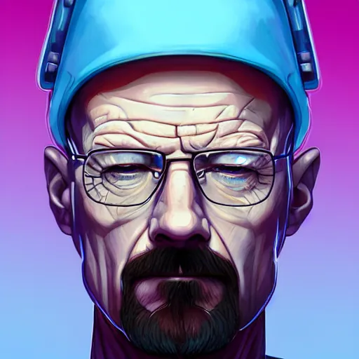 Prompt: high quality illustration, walter white realistic portrait, cyberpunk colors, vaporwave, retro, neotrad, lois van baarle, moebius, league of legend, digital painting, james jean