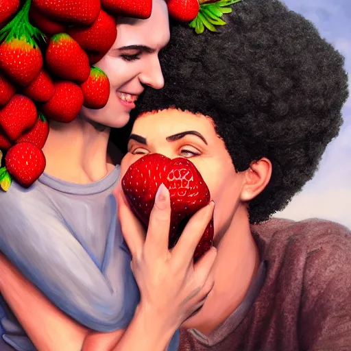 Prompt: A hyper real comic book style portait painting of a friendly broccoli man hugging a strawberry woman, unreal 5, hyperrealistic, octane render, cosplay, RPG portrait, dynamic lighting