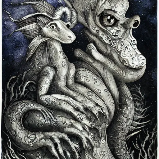 Image similar to strange mythical beasts of whimsy, surreal dark ink wash colllage by Ronny Khalil