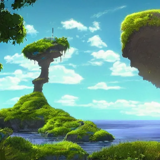 Prompt: An island floating in the air, skull-shaped, full of vegetation, rocks, highly detailed, animated, lovely, fantastic, with strong light and shadow atmosphere, painted by Ghibli Company