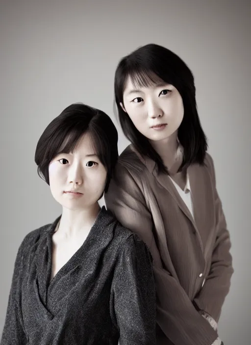 Prompt: portrait of erika ikuta and ikuta lilas, by charlotte grimm, natural light, detailed face, beautiful features, symmetrical, canon eos c 3 0 0, ƒ 1. 8, 3 5 mm, 8 k, medium - format print, half body shot