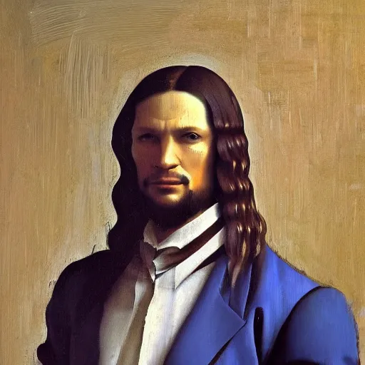 Prompt: a man posed in a suit, dmitry spiros, leonardo da vinci, jacques - louis david, johannes vermeer, 8 k, wide angle, trending on artstation,