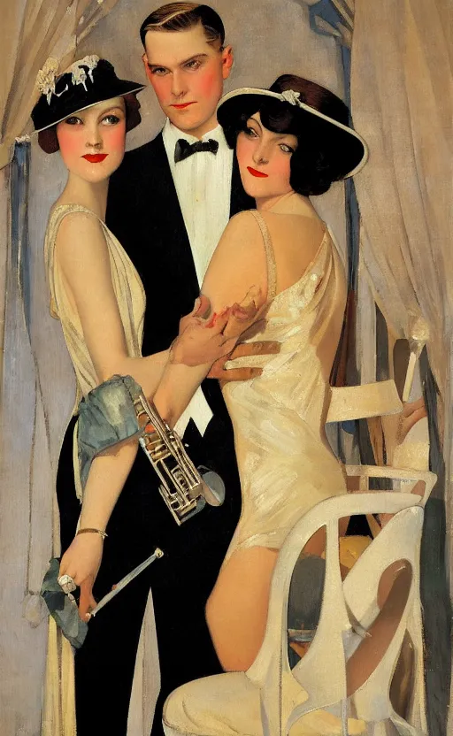 Image similar to an oil painting depicting high society life in the Jazz Age, Fitzgerald, 1920s style, smooth, by Francis Coates Jones, Coles Phillips, Dean Cornwell, JC Leyendecker