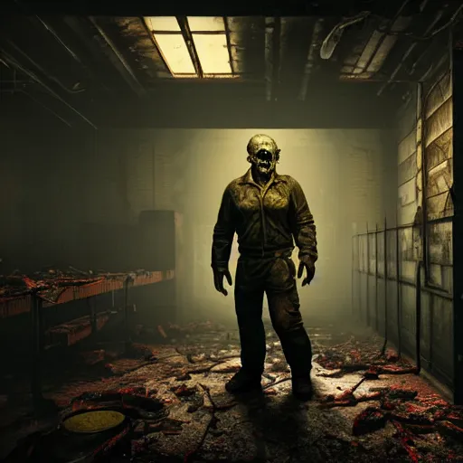 Image similar to fallout 5, butcher angry horror zombie, portrait, indoors dilapidated butchery interior, atmospheric lighting, intricate, volumetric lighting, grimdark, daytime, sharp focus, deep colours, ultra intricate detailed, octane render, unreal engine, by leesha hannigan, ross tran, thierry doizon, kai carpenter, ignacio fernandez rios